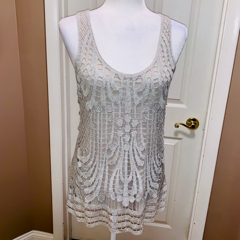 Express Silver Metallic Crocheted Tunic Tank Top
